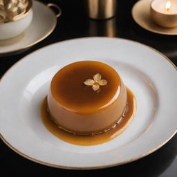 A luxurious leche flan worth $50, featuring gold foil garnish and served on a premium ceramic dish under sophisticated lighting.