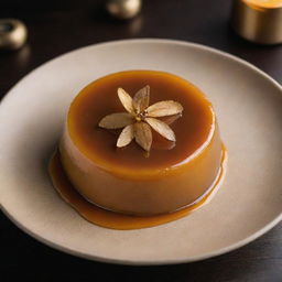 A luxurious leche flan worth $50, featuring gold foil garnish and served on a premium ceramic dish under sophisticated lighting.