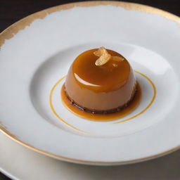 A luxurious leche flan worth $50, featuring gold foil garnish and served on a premium ceramic dish under sophisticated lighting.