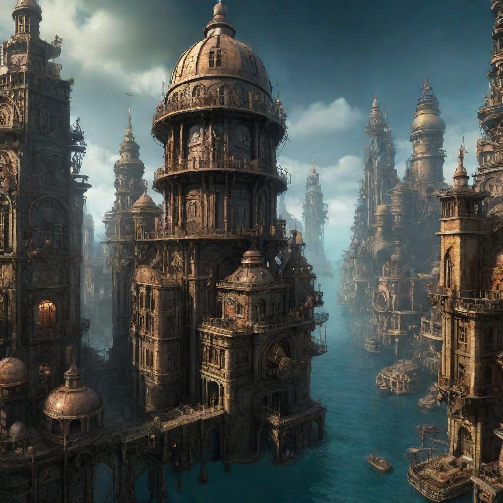 An intricately designed city inspired by Bioshock and steampunk aesthetics. Imagine towering skyscrapers, underwater domes, steampunk gears with a dark and mysterious atmosphere.