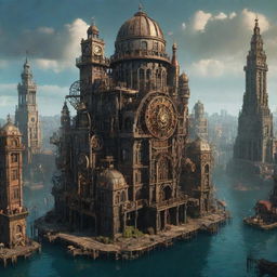 An intricately designed city inspired by Bioshock and steampunk aesthetics. Imagine towering skyscrapers, underwater domes, steampunk gears with a dark and mysterious atmosphere.