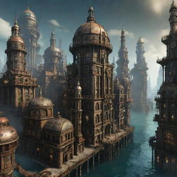 An intricately designed city inspired by Bioshock and steampunk aesthetics. Imagine towering skyscrapers, underwater domes, steampunk gears with a dark and mysterious atmosphere.