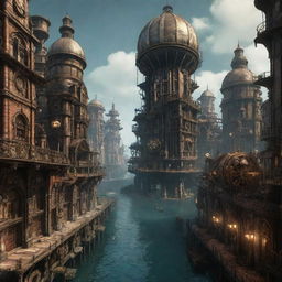 An intricately designed city inspired by Bioshock and steampunk aesthetics. Imagine towering skyscrapers, underwater domes, steampunk gears with a dark and mysterious atmosphere.