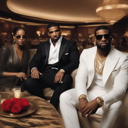 An advertisement image featuring Drake, P Diddy, and R Kelly hanging out in a luxurious setting like a high-end club or penthouse suite