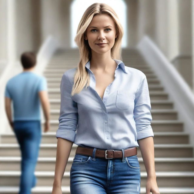 Generate a 4K photo-realistic image of an attractive Swedish woman unbuttoning her shirt, with a man walking down the stairs in the background