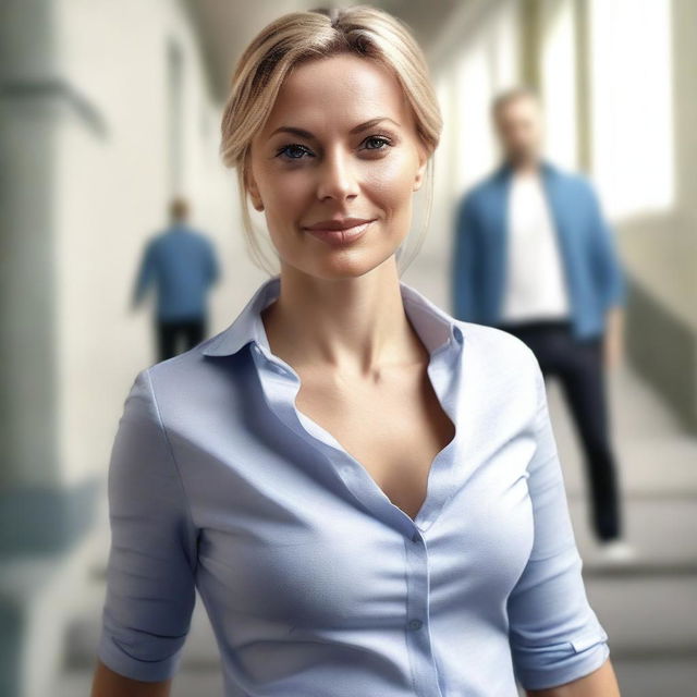 Create a 4K photo-realistic image of an attractive Swedish woman unbuttoning her shirt, with a man walking down stairs in the background