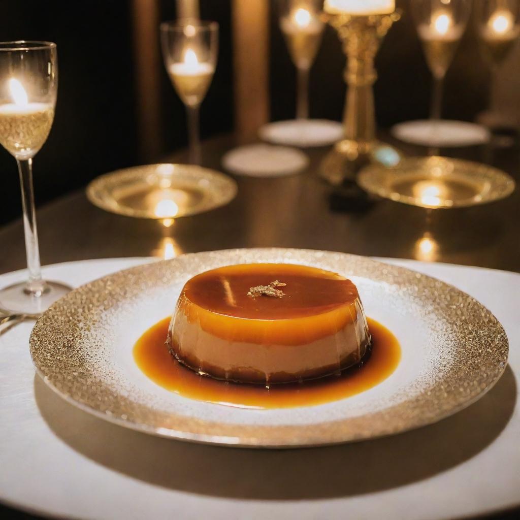 An opulent leche flan fit for the richest man in the world, garnished with edible gold leaf, served on an exquisite diamond-encrusted dish under majestic lighting.