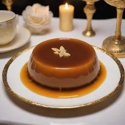 An opulent leche flan fit for the richest man in the world, garnished with edible gold leaf, served on an exquisite diamond-encrusted dish under majestic lighting.