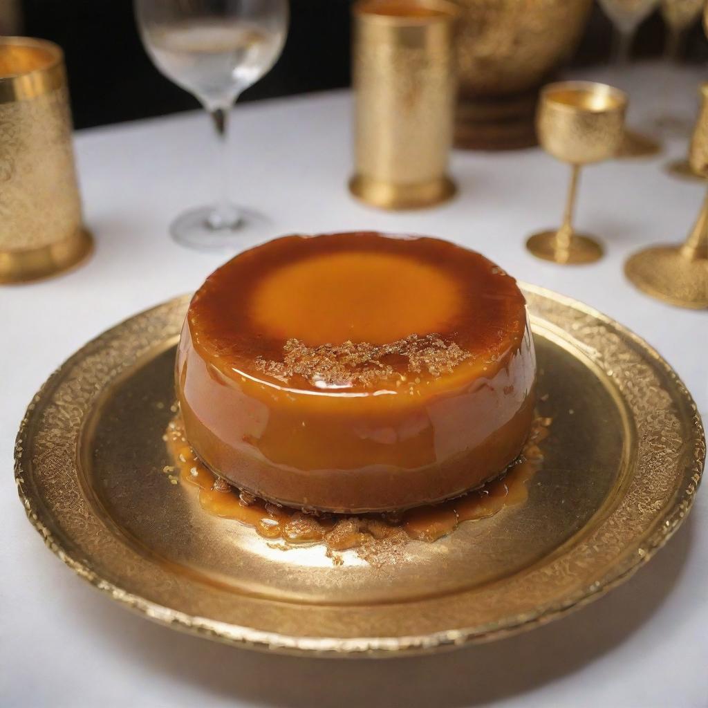 An opulent leche flan fit for the richest man in the world, garnished with edible gold leaf, served on an exquisite diamond-encrusted dish under majestic lighting.