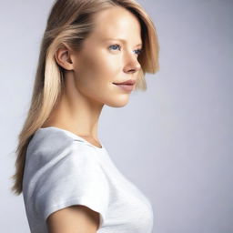 Generate a medium close-up 4K photo-realistic image of an attractive Swedish woman in a side profile, opening her shirt.