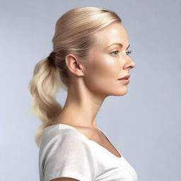 Generate a medium close-up 4K photo-realistic image of an attractive Swedish woman in a side profile, opening her shirt.