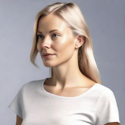 Generate a medium close-up 4K photo-realistic image of an attractive Swedish woman in a side profile, opening her shirt.