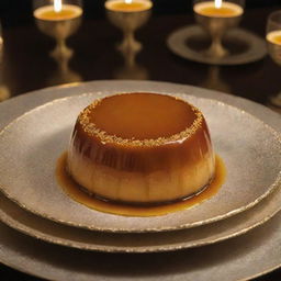 An opulent leche flan fit for the richest man in the world, garnished with edible gold leaf, served on an exquisite diamond-encrusted dish under majestic lighting.