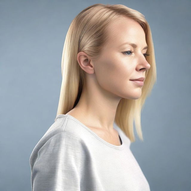 Generate a medium shot 4k photo-realistic image of an attractive Swedish woman's side profile with her shirt open.