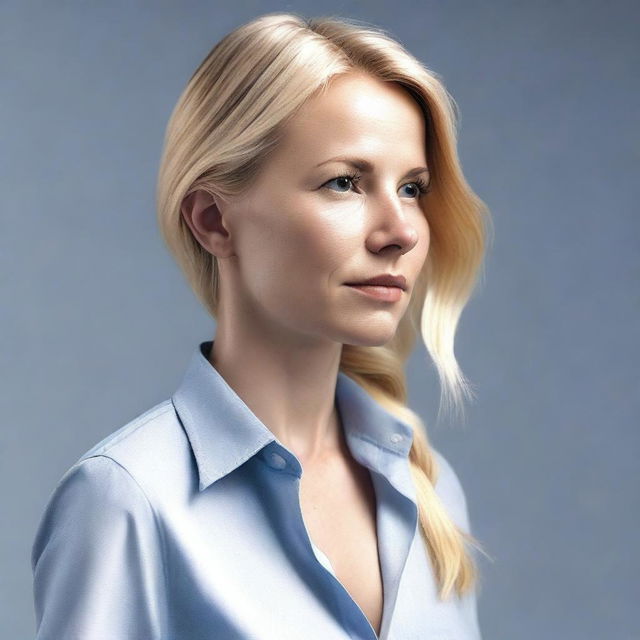 Generate a medium shot 4k photo-realistic image of an attractive Swedish woman's side profile with her buttoned shirt open.