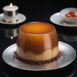 An ultra-luxe leche flan for an extremely wealthy individual, adorned with edible platinum and served on a dish crowning with rare gemstones under grand, dramatic lighting