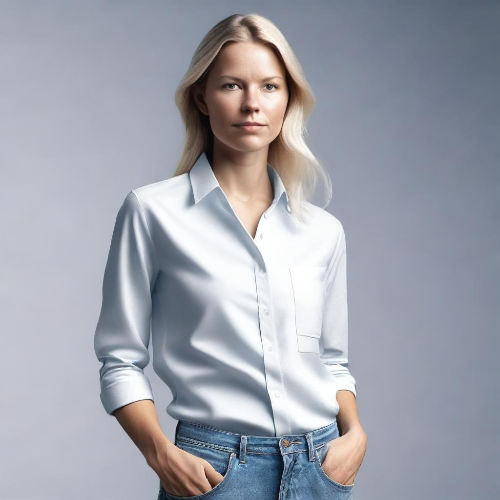 Generate a medium shot, 4K photo-realistic image of an attractive Swedish woman in side profile with an open button-down shirt