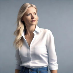 Generate a medium shot, 4K photo-realistic image of an attractive Swedish woman in side profile with an open button-down shirt