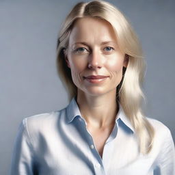 Generate a medium shot, 4K photo-realistic image of an attractive Swedish woman in side profile with an open button-down shirt