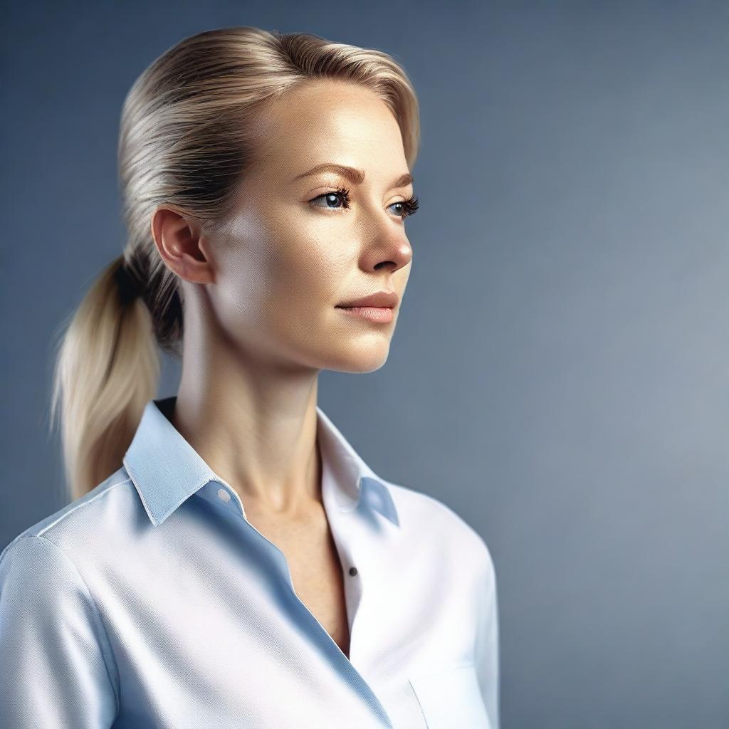 Generate a medium shot, 4K photo-realistic image of an attractive Swedish woman in side profile with an open button-down shirt