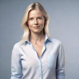 Generate a medium shot, 4K photo-realistic image of an attractive Swedish woman with an open button-down shirt.