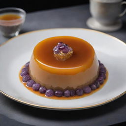 An ultra-luxe leche flan for an extremely wealthy individual, adorned with edible platinum and served on a dish crowning with rare gemstones under grand, dramatic lighting