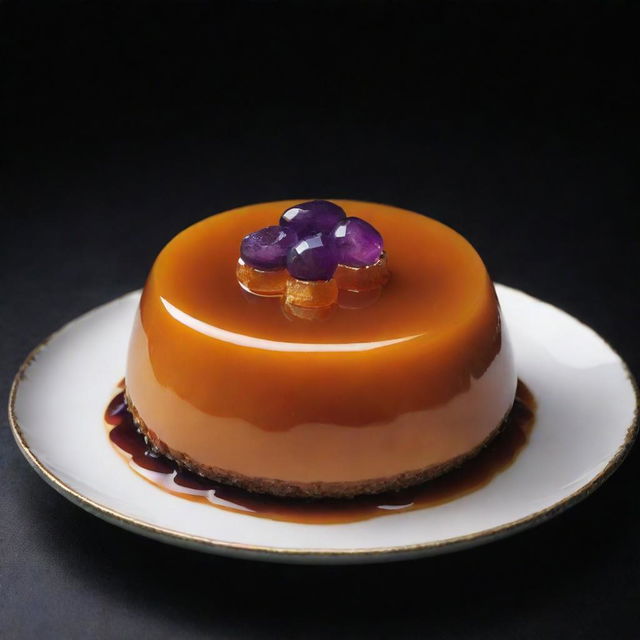 An ultra-luxe leche flan for an extremely wealthy individual, adorned with edible platinum and served on a dish crowning with rare gemstones under grand, dramatic lighting