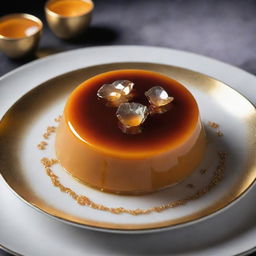 An ultra-luxe leche flan for an extremely wealthy individual, adorned with edible platinum and served on a dish crowning with rare gemstones under grand, dramatic lighting