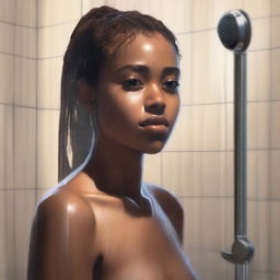 A hyper-realistic digital painting of an 18-year-old light brown-skinned woman in a shower scene