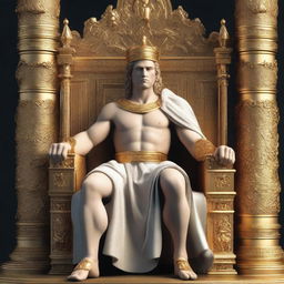 Alexander the Great depicted as a king sitting on a throne, in a 3D render, ultra HD, high quality.