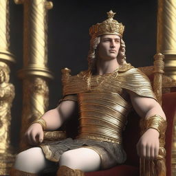 Alexander the Great depicted as a king sitting on a throne, in a 3D render, ultra HD, high quality.