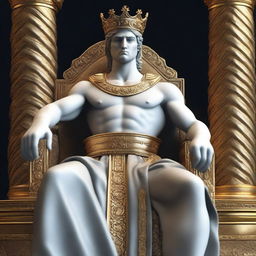 Alexander the Great depicted as a king sitting on a throne, in a 3D render, ultra HD, high quality.