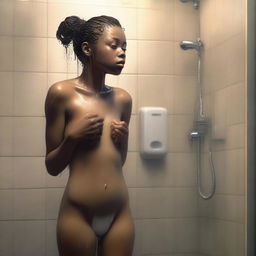 A hyper-realistic digital painting depicts a full-body view of an 18-year-old light brown-skinned woman in a shower scene