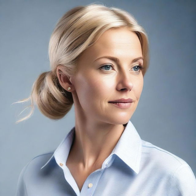 Generate a 4K photo-realistic image of an attractive Swedish woman, shot from a side profile, opening her button-down shirt.