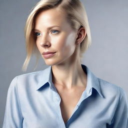 Generate a 4K photo-realistic image of an attractive Swedish woman with an open button-down shirt, shot from a side profile.