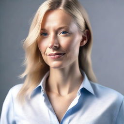 Generate a 4K photo-realistic image of an attractive Swedish woman with an open button-down shirt, shot from a side profile.