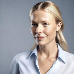 Generate a 4K photo-realistic image of an attractive Swedish woman with an open button-down shirt, shot from a side profile.