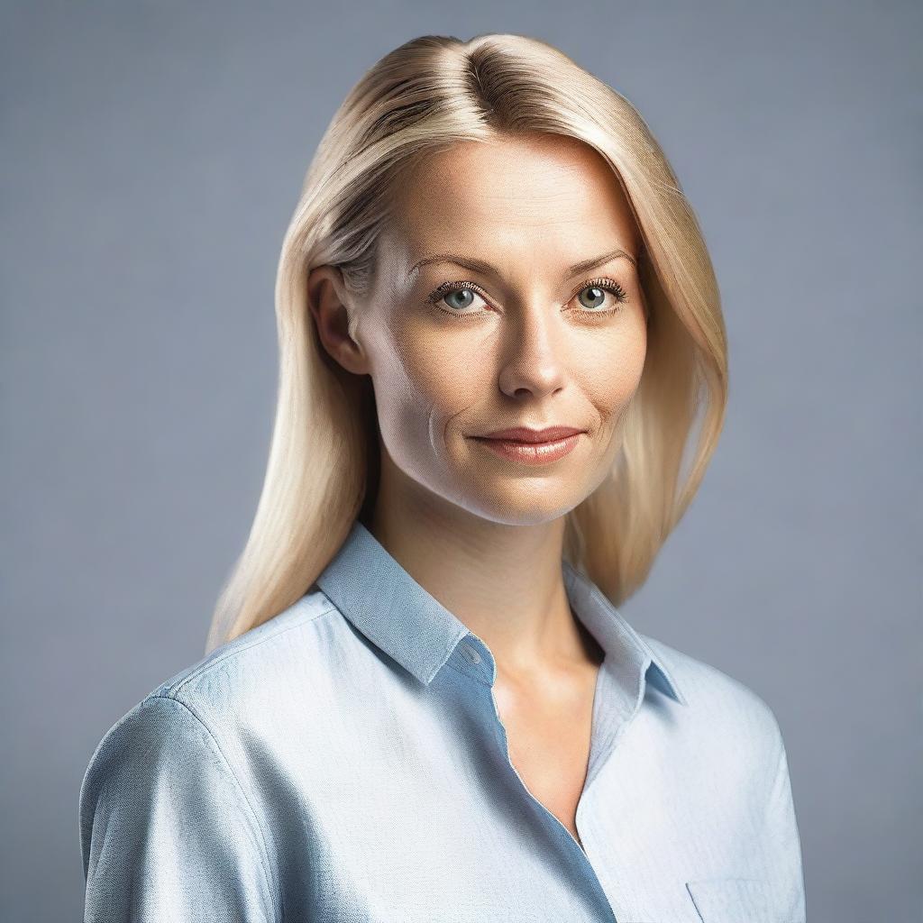 Create a 4K photo-realistic image of an attractive Swedish woman, shot from a side profile, with an open button-down shirt.