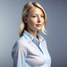 Create a 4K photo-realistic image of an attractive Swedish woman, shot from a side profile, with an open button-down shirt.