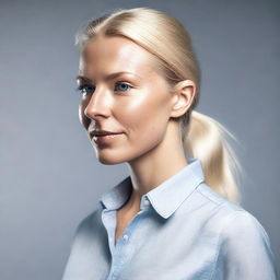 Create a 4K photo-realistic image of an attractive Swedish woman, shot from a side profile, with an open button-down shirt.