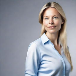 Create a 4K photo-realistic image of an attractive Swedish woman, shot from a side profile, with an open button-down shirt.