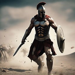 Generate an ultra HD, cinematic image of a Spartan in war