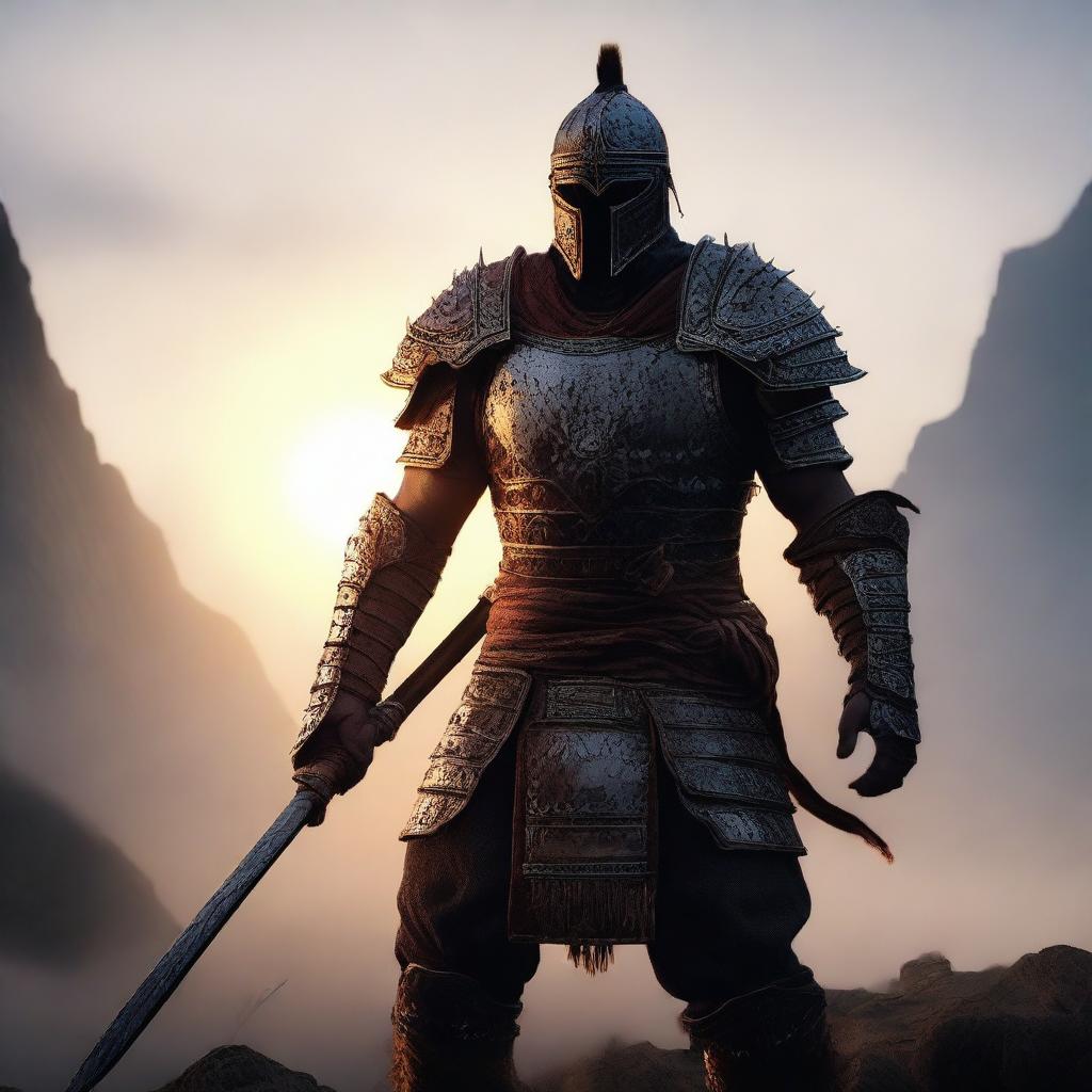 Generate an ultra HD, cinematic image of a great warrior at dawn