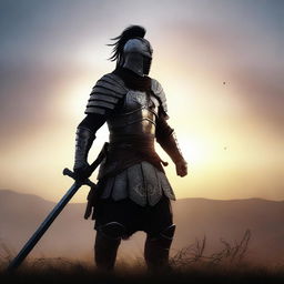 Generate an ultra HD, cinematic image of a great warrior at dawn