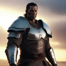 Generate an ultra HD, cinematic image of a handsome warrior in war at dawn