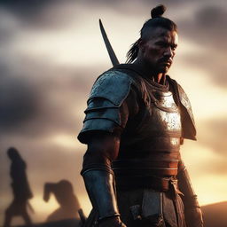 Generate an ultra HD, cinematic image of a handsome warrior in war at dawn