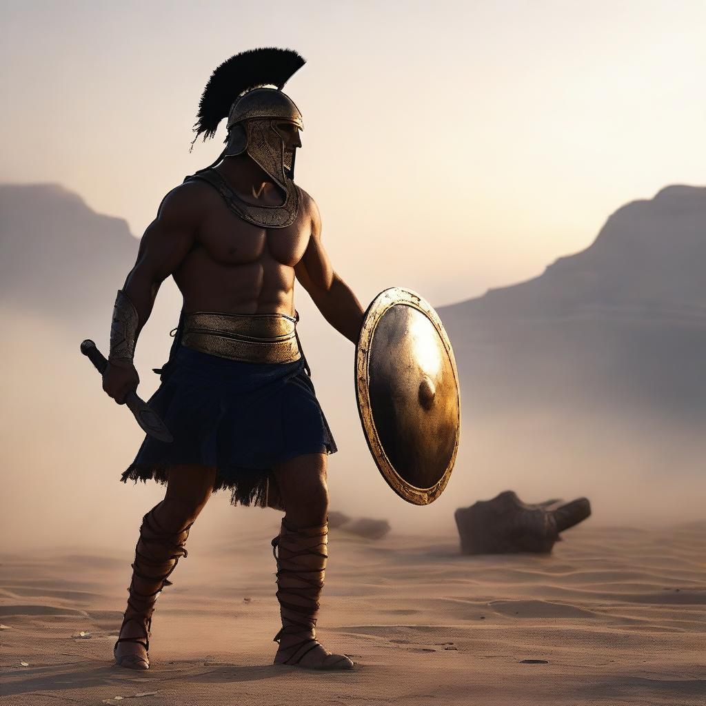 Generate a high quality, ultra HD, cinematic image of a Greek warrior in war at dawn