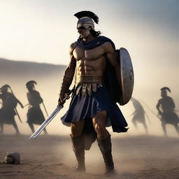 Generate a high quality, ultra HD, cinematic image of a Greek warrior in war at dawn