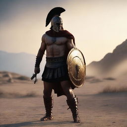 Generate a high quality, ultra HD, cinematic image of a Greek warrior in war at dawn