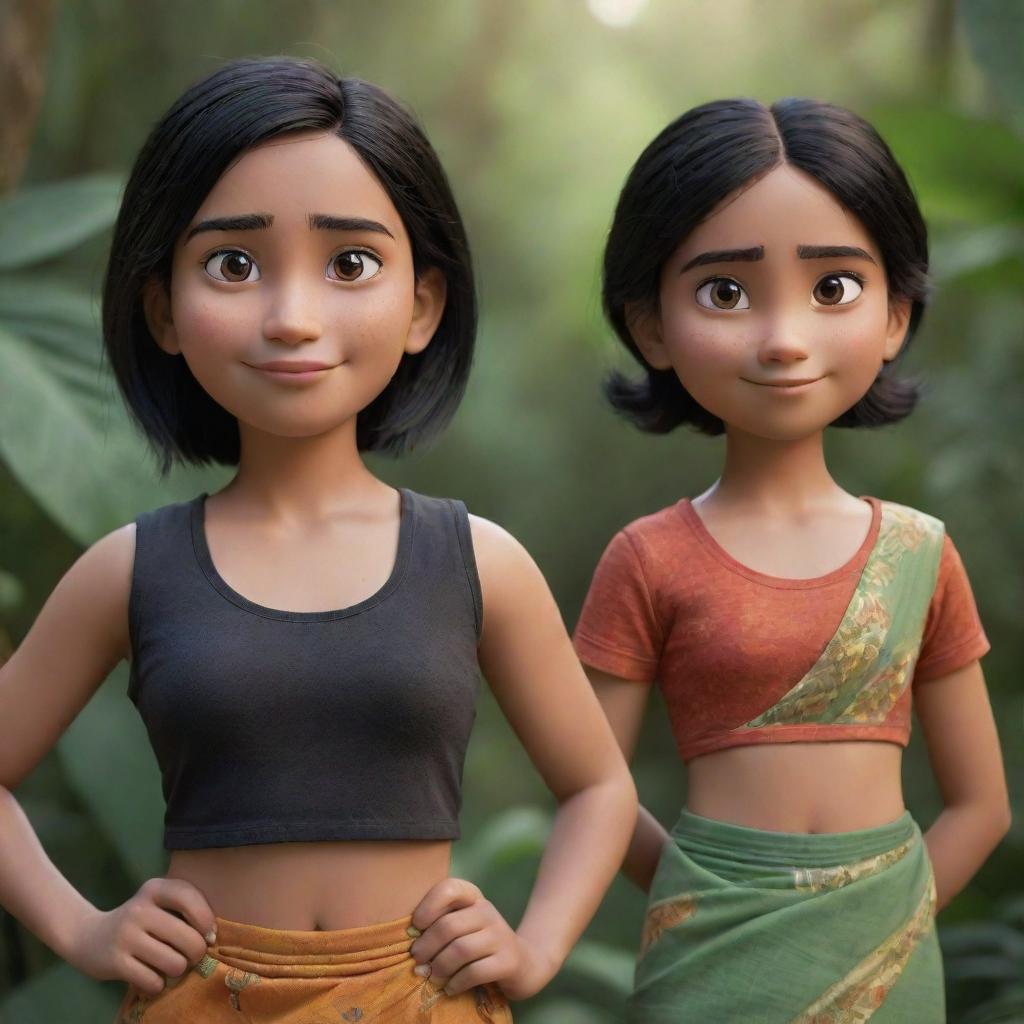 Two Disney-Pixar style characters in focus. The first an athletic girl with black hair in a gym suit in the jungle; A closeup shot, detailed. The second a cute girl with black hair wearing a traditional Indian saree.